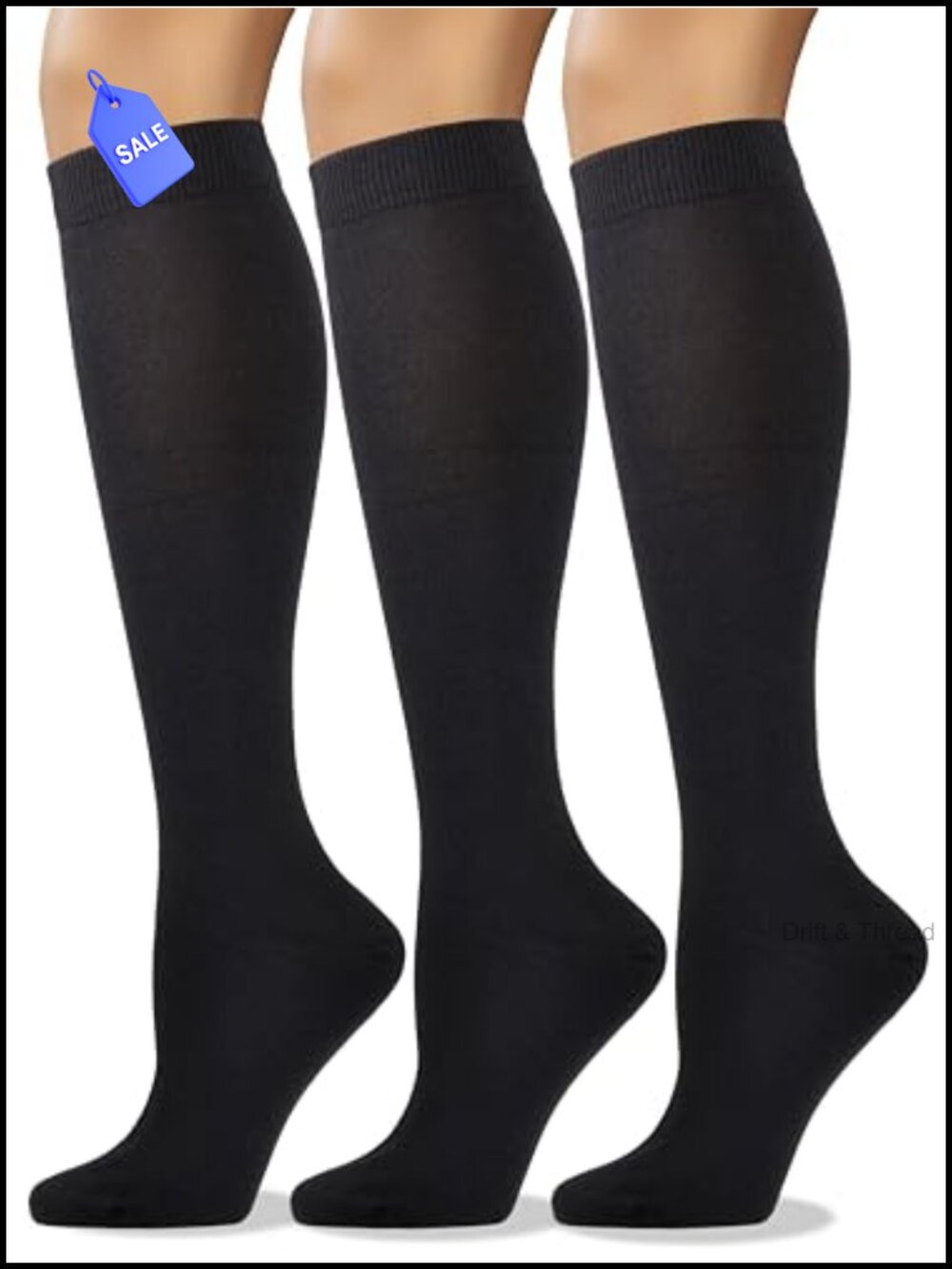 Combed Cotton Knee High Calf Socks Seamless Toe 3 Pack